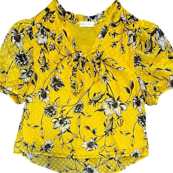 Retrology retro floral yellow blouse Women PL rushed short sleeves V- neck bow - Picture 6 of 16
